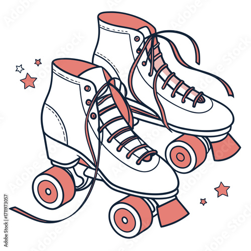 Pair of white and coral quad roller skates with dark blue outlines and scattered stars on a white background