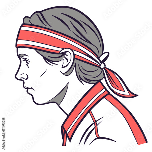 Profile of a person wearing a coral and white striped sweatband with gray hair headband hair accessory