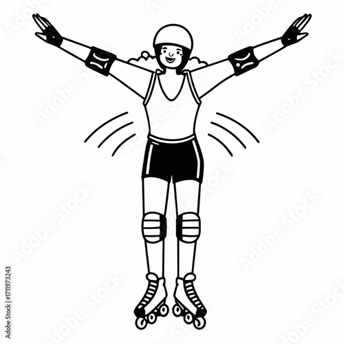 Roller derby player with arms outstretched in protective gear on white background woman female