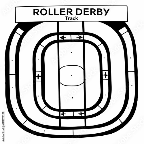 Roller Derby Track Diagram with Arrows and Markings on White Background sport competition