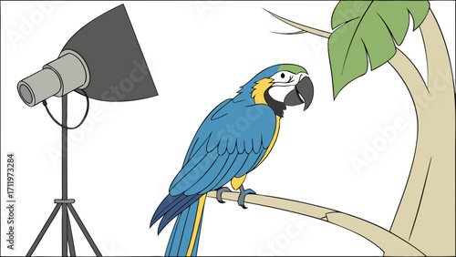 Studio shot of a blue and yellow macaw parrot perched on a branch illuminated by a professional lighting setup.