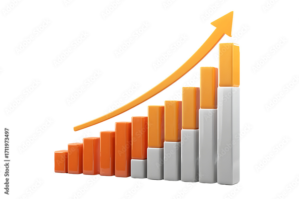 Fototapeta premium Colorful 3D Bar Chart with an Upward Arrow, isolated on a transparent background.
