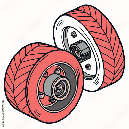 Two coral roller derby wheels with black outlines and grey bearings isolated on a white background roller skates