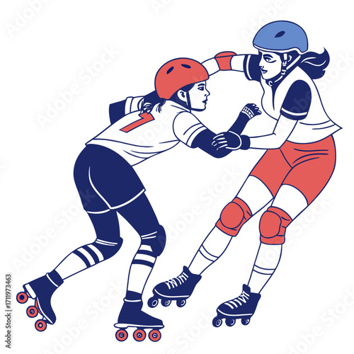 Two roller derby skaters in red blue and white uniforms colliding on white background skating collision