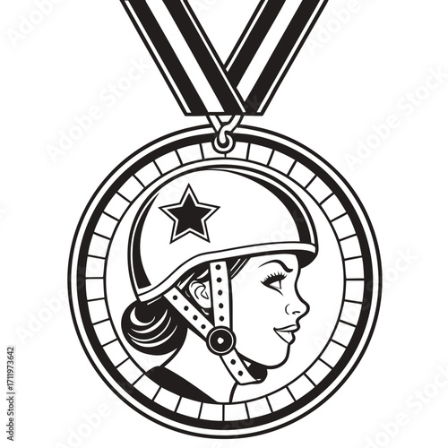 Black and white illustration of a medal with a roller derby helmet wearing woman's profile and star emblem