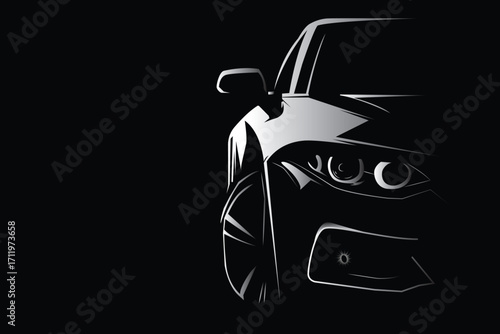 Modern Car Front View in Dark Vector Illustration