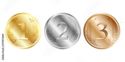 Golden, silver, and bronze award medals set. Realistic 3D vector badges for first, second, and third place. Isolated on white background.