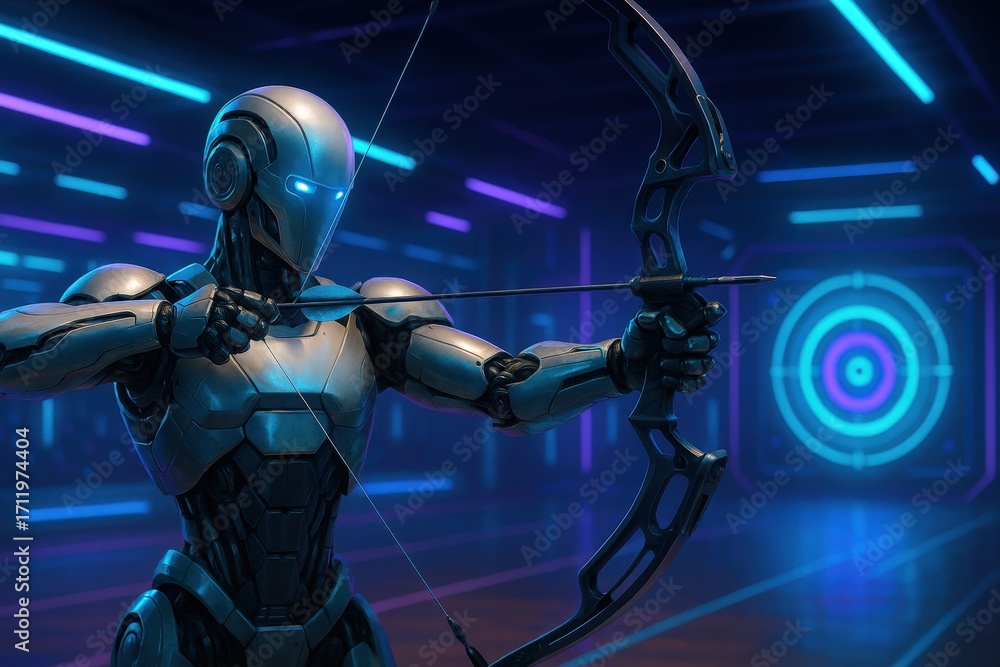 Naklejka premium A Futuristic Robot Archer Aimed for Precision in a Neon-lit Arena, Blending Technology and Tradition with an Archery Bow Ready to Release.