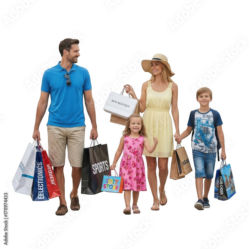 Happy family with shopping bags enjoying a day out isolated on transparent background
