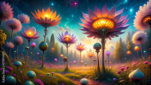 Surreal Fantasy Meadow Filled With Glowing Giant Magical Flowers