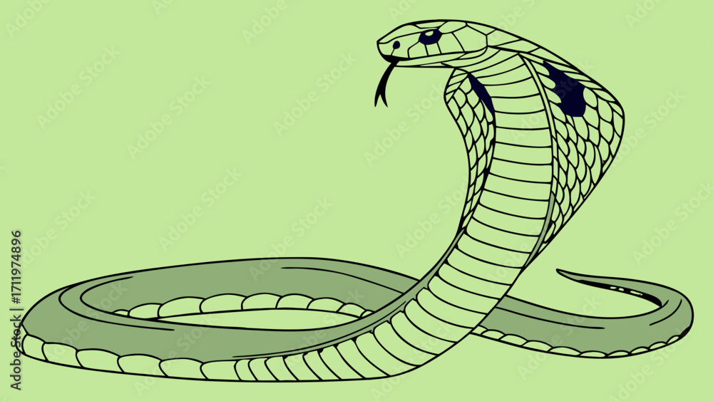 Fototapeta premium Stylized Cobra Snake Illustration Reptile Art Wildlife Design Green Scales Hooded Serpent Venomous Creature Animal Print Tattoo Design Nature Graphic Exotic Animal Herpetology Zoo Jun.