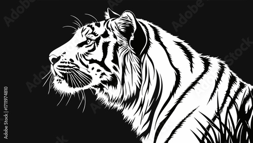 Stylized Black and White Tiger Head Profile Wildcat Vector Illustration Monochrome Big Cat Graphic Design.