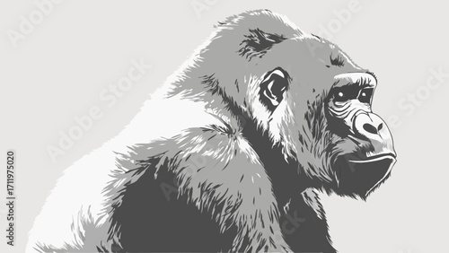 Stylized Gorilla Portrait Monochrome Ape Illustration Powerful Primate Image for Design Projects.