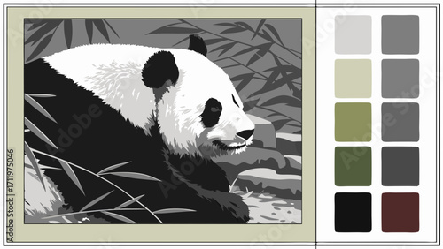 Stylized grayscale illustration of a bear among bamboo with a color palette included.