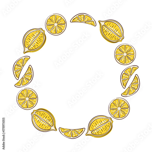 Circular frame of flat style lemon slice on white background for food package.