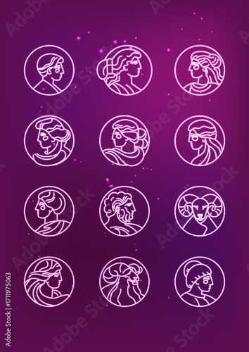 Neon Zodiac Symbol Characters with Profile Characters