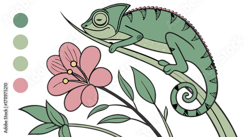 Cute Chameleon on Branch with Flower Illustration Cartoon Reptile Nature Animal Childrens Book Design Element Green Pink Coloring Page.