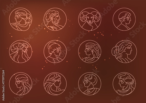 Neon Zodiac Signs Set with Profile Characters