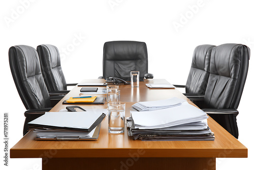 Modern boardroom table and leather chairs, isolated on a transparent background.