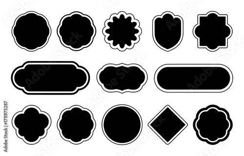 Collection of Black Decorative Labels and Badges on White Background