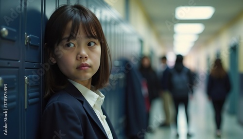 A young Asian girl with short black hair stands by a row of lockers in a school hallway. Other students are blurred in the background, creating a sense of isolation.