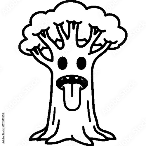 Illustration of a spooky tree, a gaping mouth and a tongue. Design for Halloween, horror, gothic and dark themes. Perfect for t-shirts, posters, stickers and logo designs.