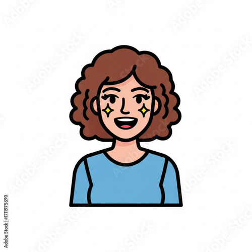 Illustration of cartoon woman with curly hair and stars on cheeks