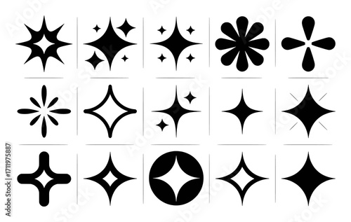 Collection of Black Sparkle and Starburst Icons on White Background