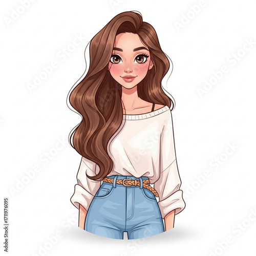 Illustration of beautiful young woman with long wavy brown hair
