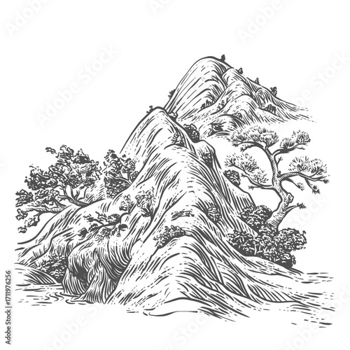Traditional Chinese ink painting style landscape with mountains, trees, and flowing water. Black  line art illustration featuring classical Asian artistic elements.