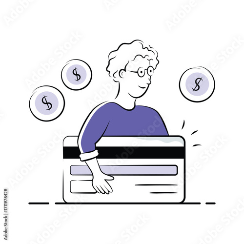 Hand drawn illustration of a man holding a credit card, premium vector