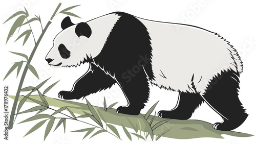 Giant Panda Walking on Bamboo Illustration Wildlife Nature Black and White Endangered Species Conservation Animal Cartoon Graphic Vector Design Element Symbol Icon Silhouette Print.
