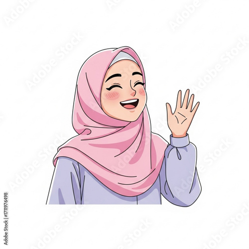 Illustration of happy muslim woman wearing a pink hijab waving hello