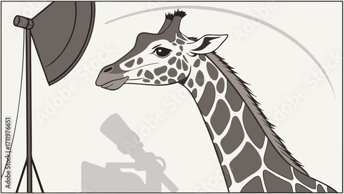 Giraffe in a Photography Studio Setting Monochrome Illustration.