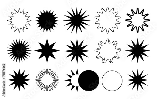 Collection of Starburst and Circular Graphic Elements in Black and White