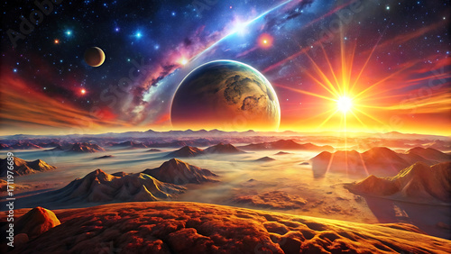 Wallpaper Mural Vivid Glowing Sunrise Over Cosmic Alien Terrain With Dreamlike Fantasy Sky Atmosphere   Torontodigital.ca