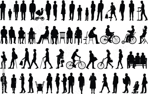 Silhouettes of diverse people, family figures, walking, sitting, cycling, elderly with cane, wheelchair users, children, social interaction, urban life, accessibility, community, lifestyle, activity
