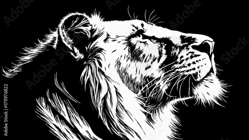 Stylized Lion Head Black and White Animal Portrait Wildlife Art Vector Illustration.