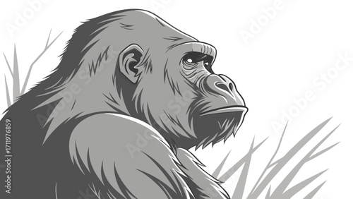 Gray scale illustration of a gorilla head and shoulders wildlife animal portrait vector art zoo animal primate jungle creature ape.