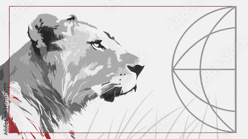 Stylized Lioness Portrait Abstract Animal Art Grey Scale Geometric Design Wildlife Illustration.