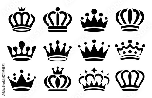 Collection of Twelve Black Silhouette Crown Icons