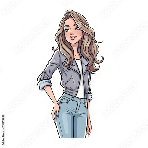 Illustration of fashionable young woman with long wavy blonde hair