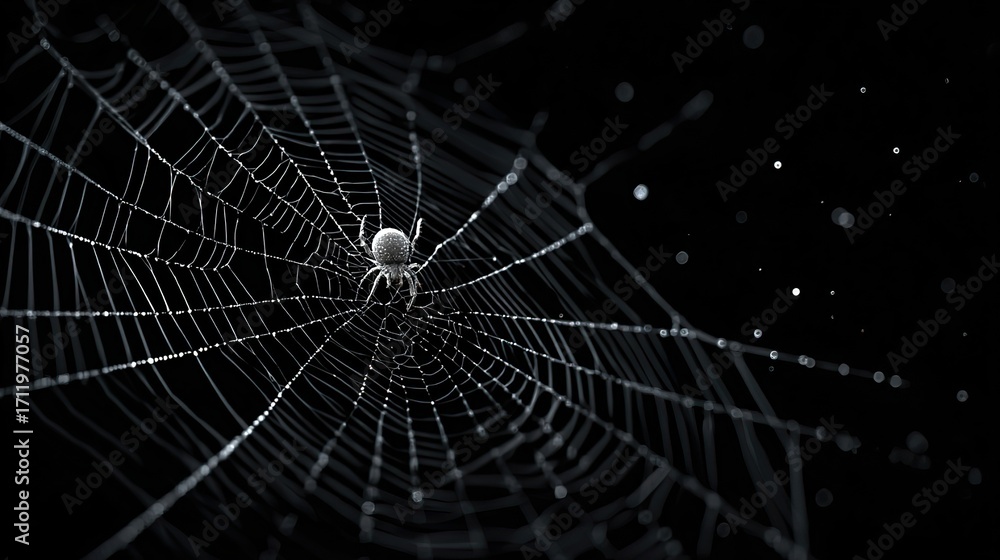Fototapeta premium In the center of the picture, a spider lies quietly at the core of its web, with the silvery-white spider silk extending in all directions like a precisely woven web.