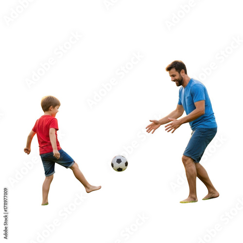 Father and son playing soccer together on a black isolated on transparent background