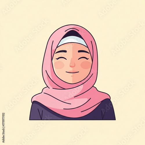 Illustration of a smiling young muslim woman wearing a pink hijab, illustration portrait