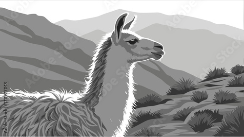 Grayscale illustration of a llama in a mountainous landscape.