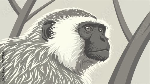 Stylized primate portrait grayscale illustration wildlife art monkey head close-up animal design jungle creature furry mammal nature illustration detailed drawing vector art grayscale m.