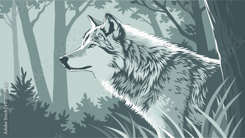 Stylized wolf in forest wildlife illustration nature art animal portrait canid woodland creature green tones vector graphic fauna wilderness predator majestic animal forest animal wi.