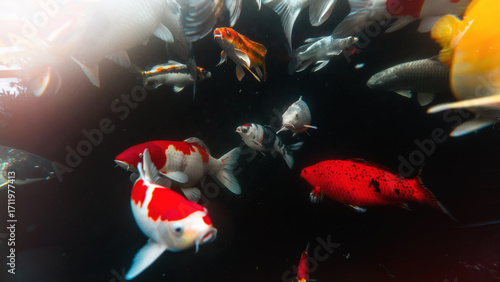 Japanese carps koi fish in the pound underwater view