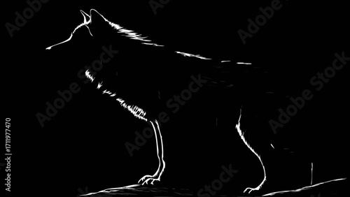 Stylized Wolf Silhouette Dark Background Canine Animal Art Black and White Vector Graphic Wild Animal Design Monochrome Illustration.